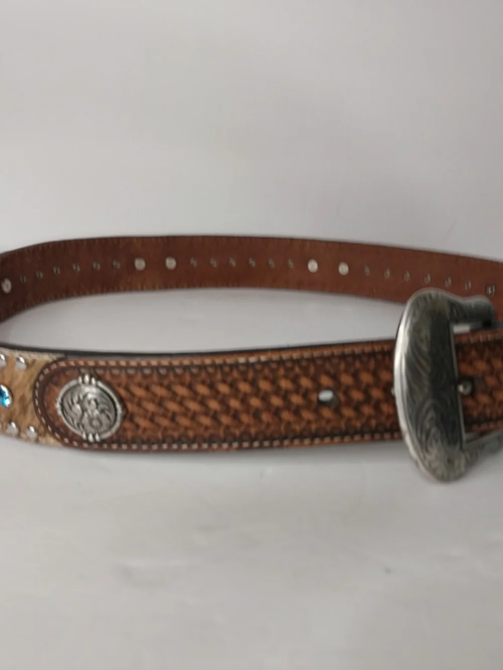 NOCONA Brown Haircalf Belt with Blue Crystal Accents Size 34 .